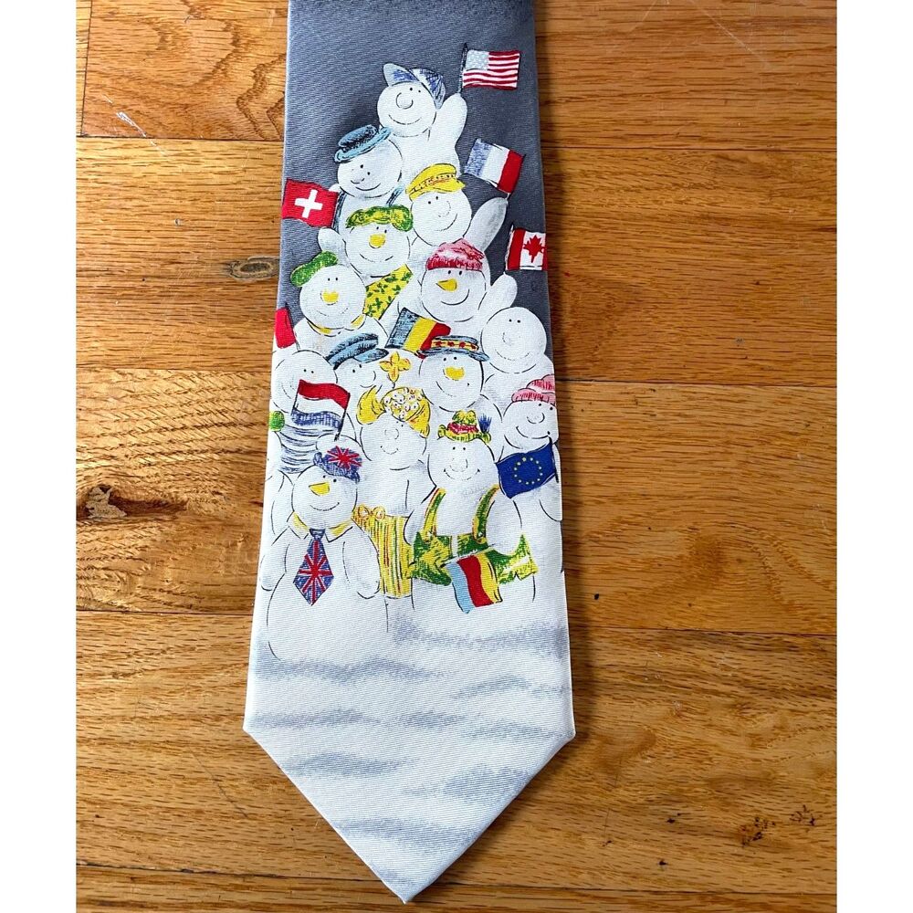 Vintage Windsor Collection International Snowmen World Flags Silk Christmas Tie